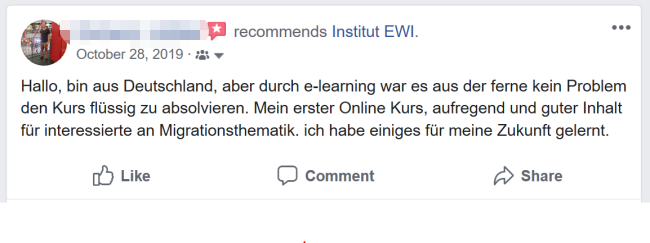 Facebookbewertung des EWI Trainerausbildungs Teams online learning