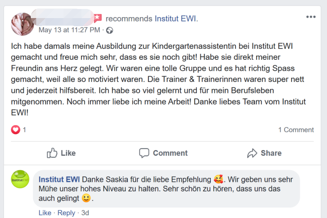 Kindergartenassistentin EWI Facebook feedback