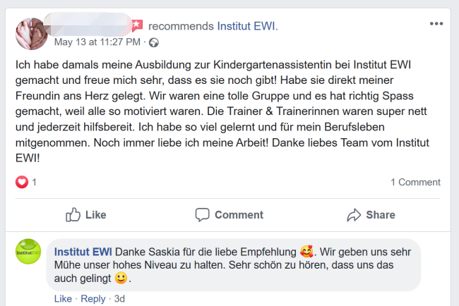 facebook bewertung eines Kurses