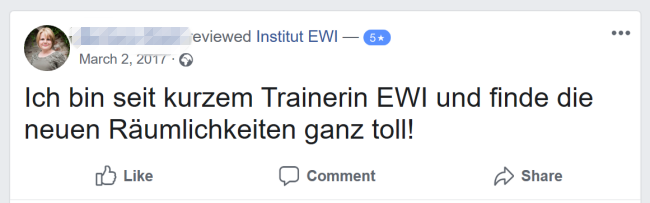 Bewertung bei Facebook für Ausbildungen beim EWI (Trainerausbildung, DaF oder Digitaltrainer)