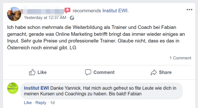 Bewertung bei Facebook für Ausbildungen beim EWI (Trainerausbildung, DaF oder Digitaltrainer)