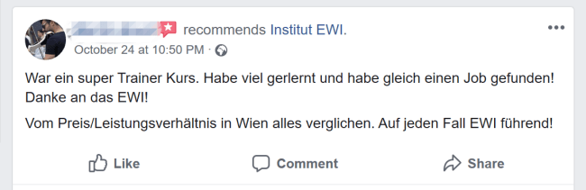 Bewertung bei Facebook für Ausbildungen beim EWI