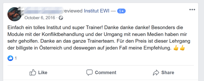 Bewertung bei Facebook für Ausbildungen beim EWI (Trainerausbildung, Digitaltrainer)
